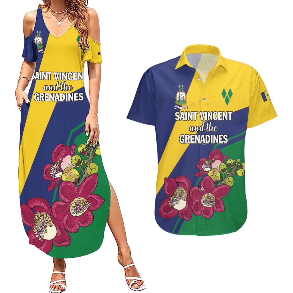 Personalized Saint Vincent and the Grenadines Couples Matching Summer Maxi Dress and Hawaiian Shirt Pax et Justitia Cannonball Flower - Wonder Print Shop