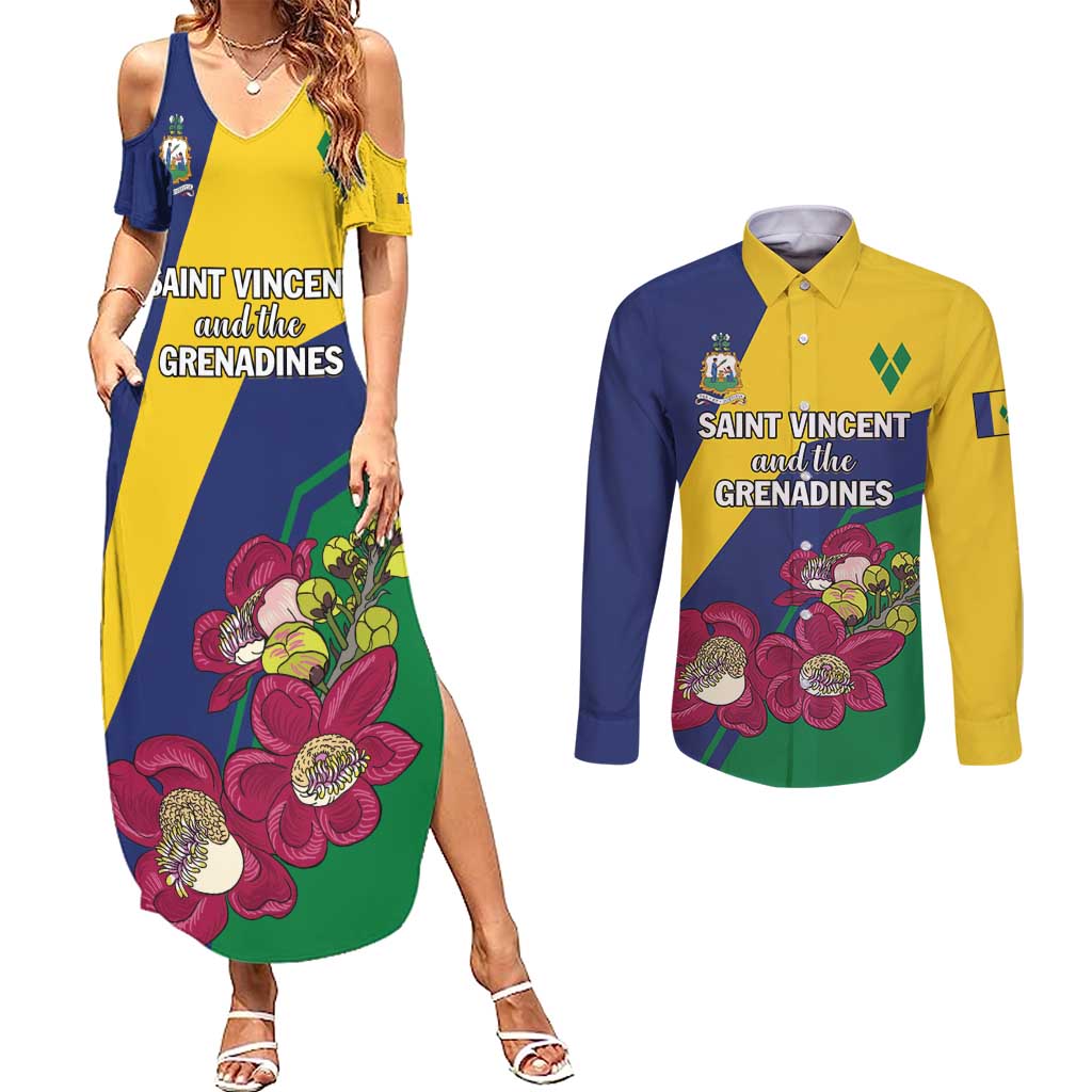 Personalized Saint Vincent and the Grenadines Couples Matching Summer Maxi Dress and Long Sleeve Button Shirt Pax et Justitia Cannonball Flower - Wonder Print Shop