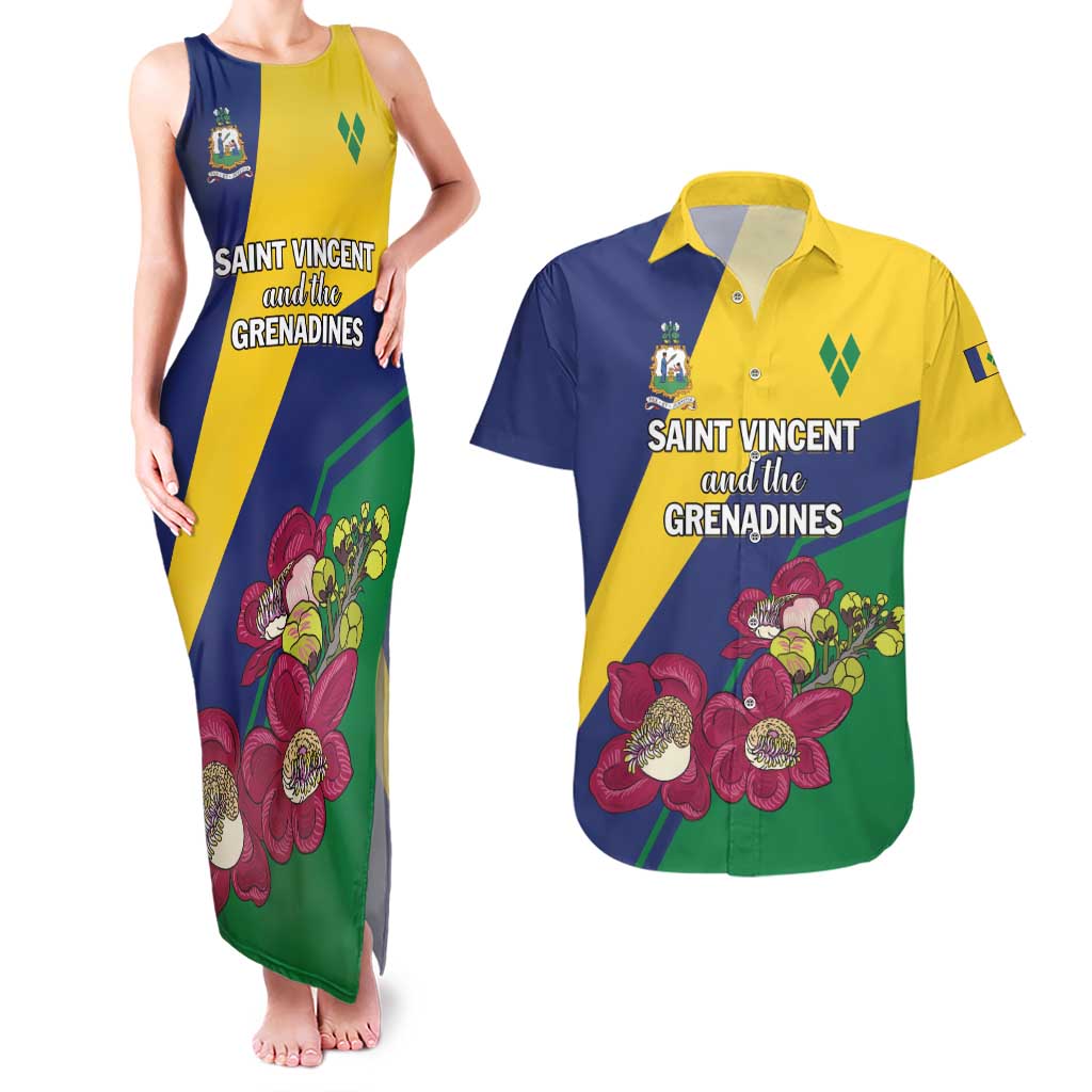 Personalized Saint Vincent and the Grenadines Couples Matching Tank Maxi Dress and Hawaiian Shirt Pax et Justitia Cannonball Flower - Wonder Print Shop