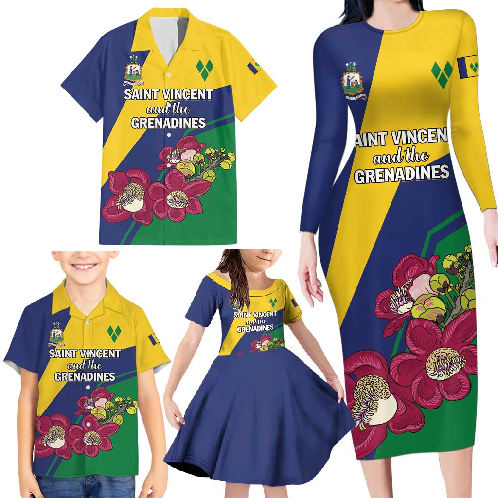 Personalized Saint Vincent and the Grenadines Family Matching Long Sleeve Bodycon Dress and Hawaiian Shirt Pax et Justitia Cannonball Flower - Wonder Print Shop