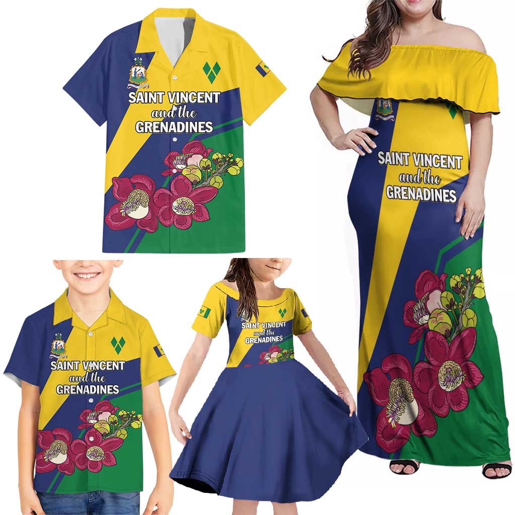 Personalized Saint Vincent and the Grenadines Family Matching Off Shoulder Maxi Dress and Hawaiian Shirt Pax et Justitia Cannonball Flower - Wonder Print Shop