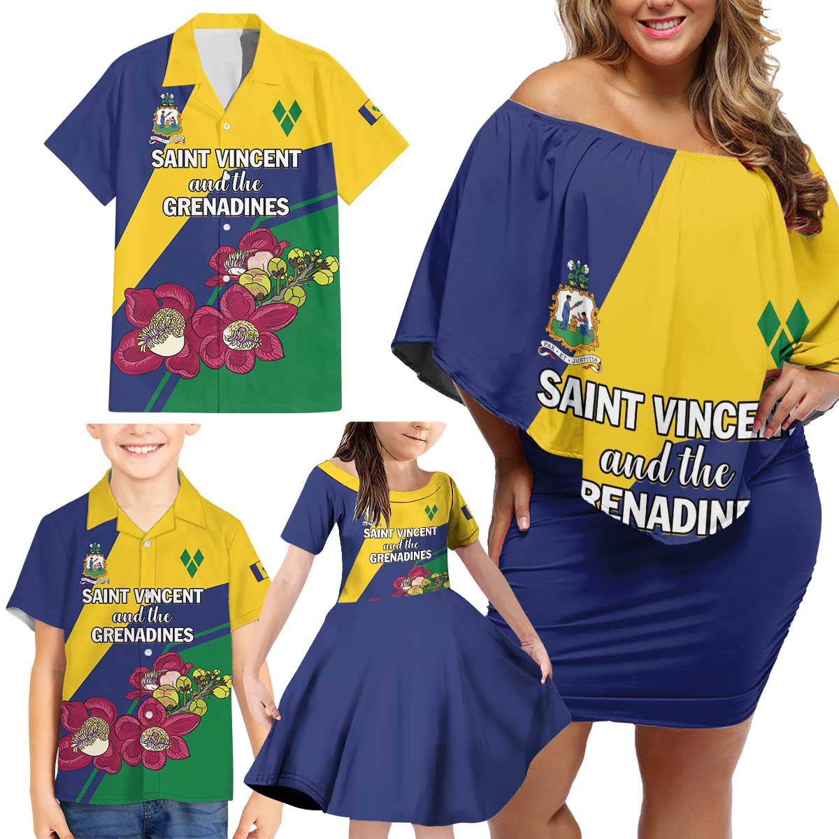 Personalized Saint Vincent and the Grenadines Family Matching Off Shoulder Short Dress and Hawaiian Shirt Pax et Justitia Cannonball Flower - Wonder Print Shop