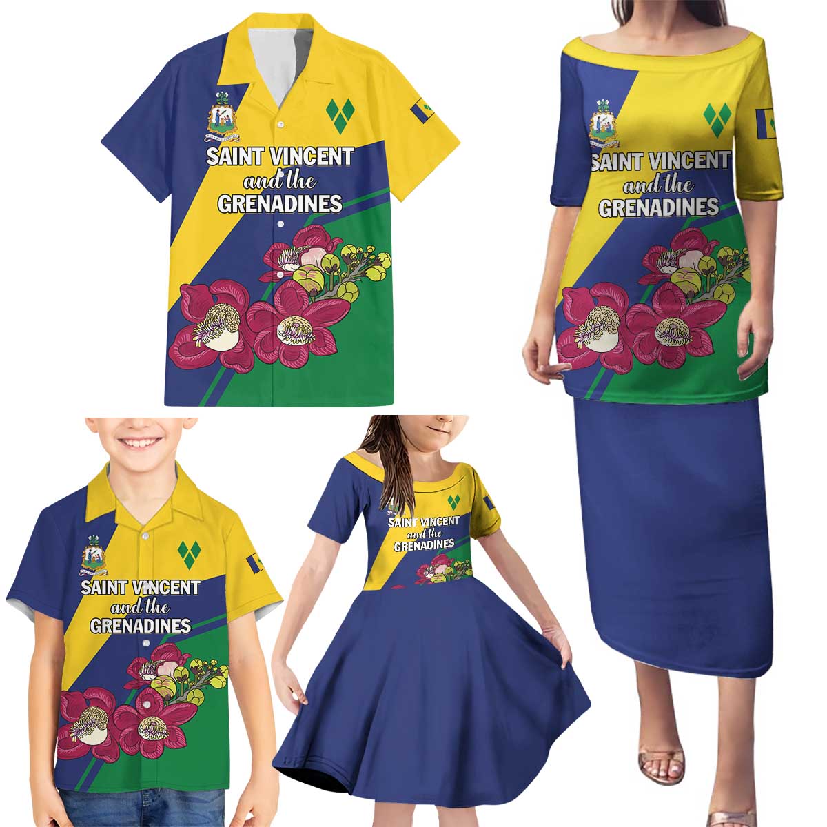 Personalized Saint Vincent and the Grenadines Family Matching Puletasi and Hawaiian Shirt Pax et Justitia Cannonball Flower - Wonder Print Shop