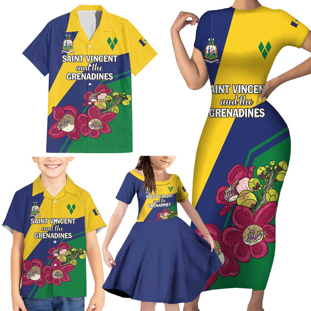 Personalized Saint Vincent and the Grenadines Family Matching Short Sleeve Bodycon Dress and Hawaiian Shirt Pax et Justitia Cannonball Flower - Wonder Print Shop