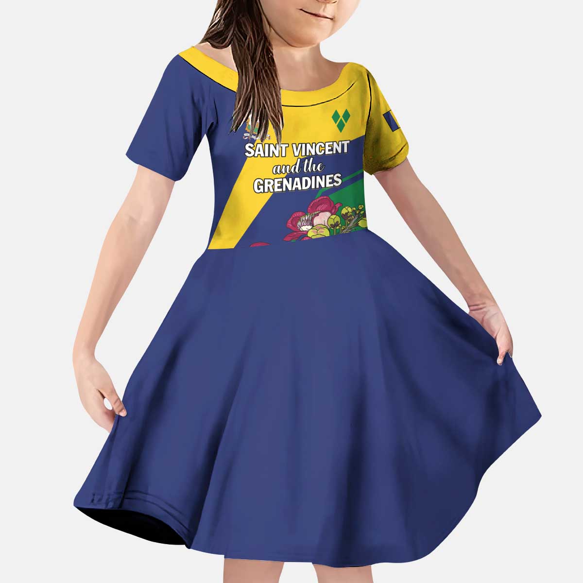 Personalized Saint Vincent and the Grenadines Kid Short Sleeve Dress Pax et Justitia Cannonball Flower - Wonder Print Shop