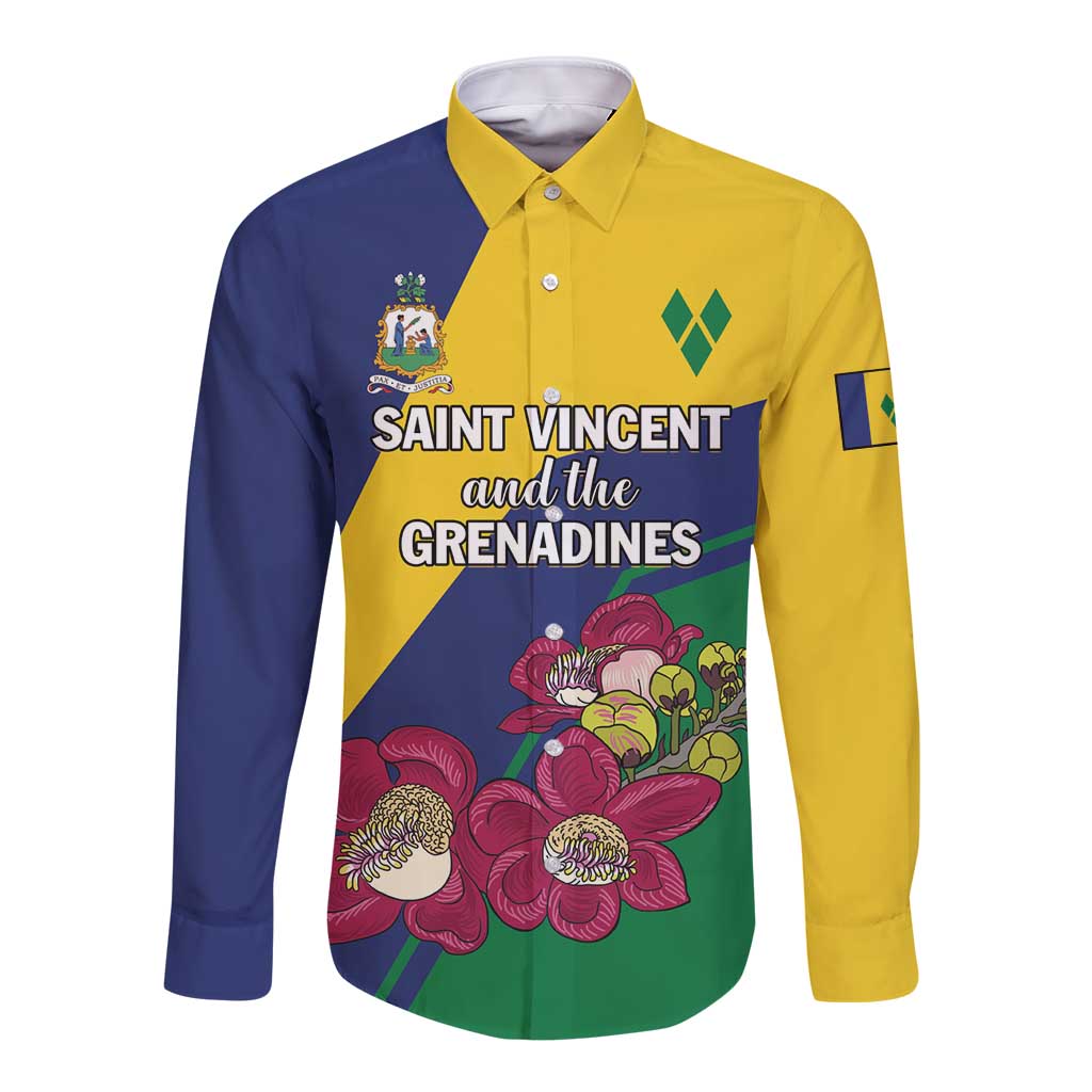Long sleeve button-up shirt, yellow and blue with floral graphic and text