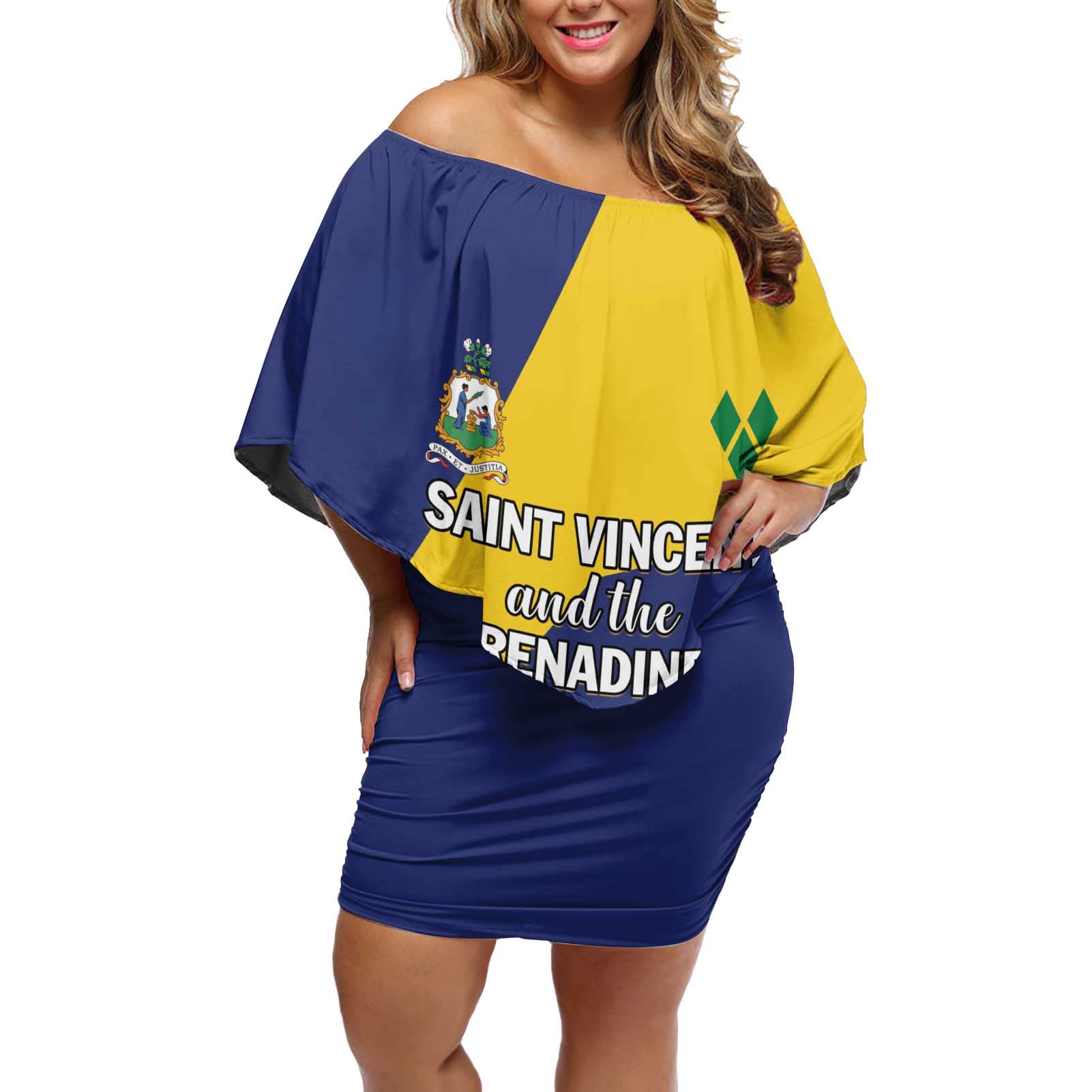 Personalized Saint Vincent and the Grenadines Off Shoulder Short Dress Pax et Justitia Cannonball Flower - Wonder Print Shop