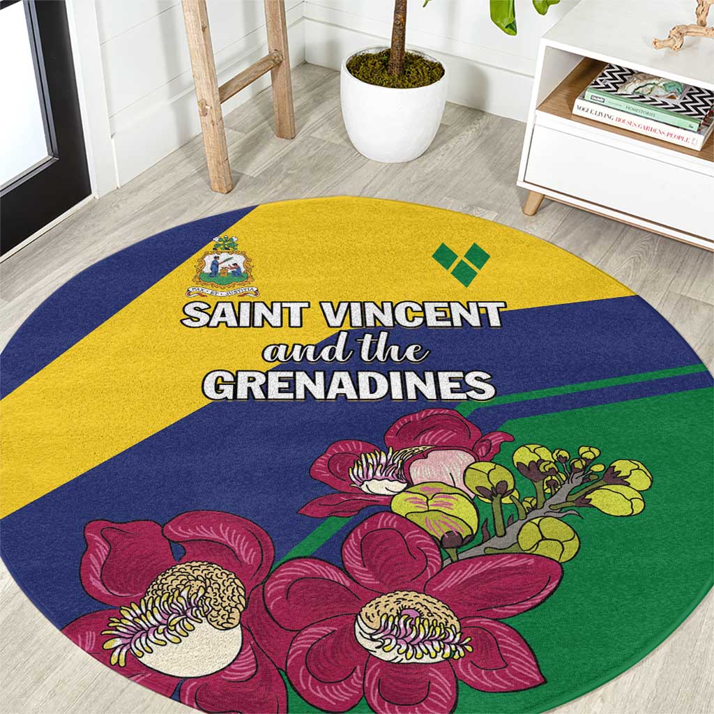 Round area rug with Saint Vincent and the Grenadines text and colorful floral, yellow blue green
