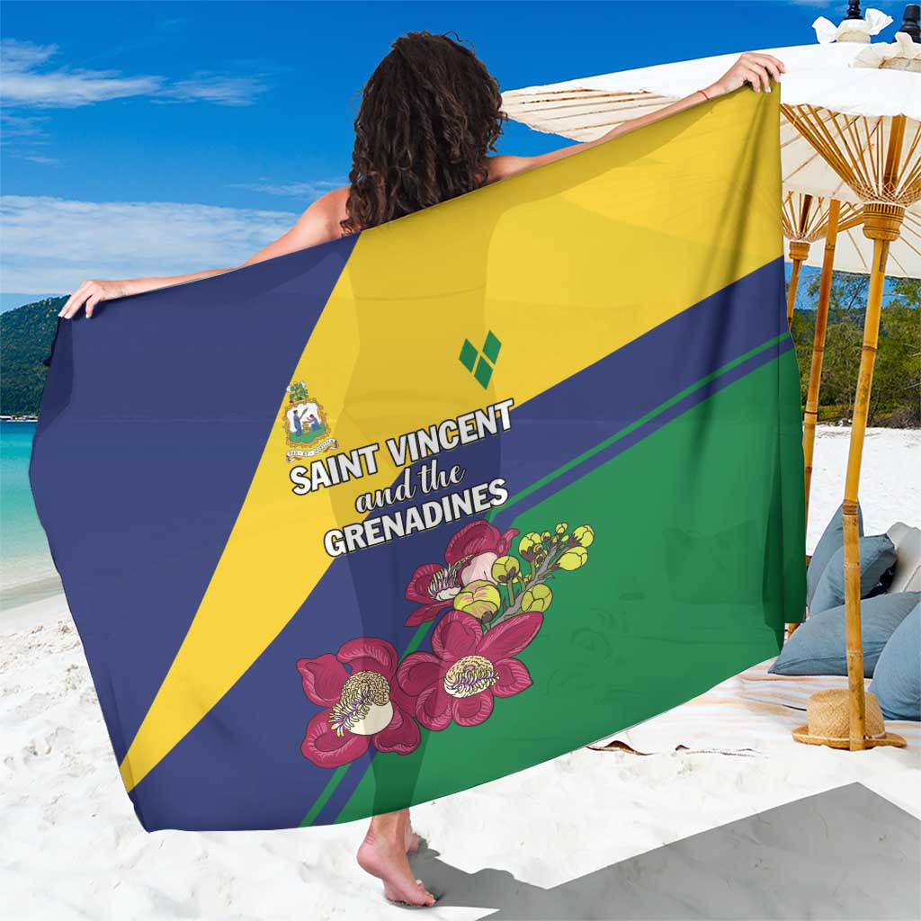 Colorful flag-style sarong with yellow, green, and navy panels and floral bouquet print