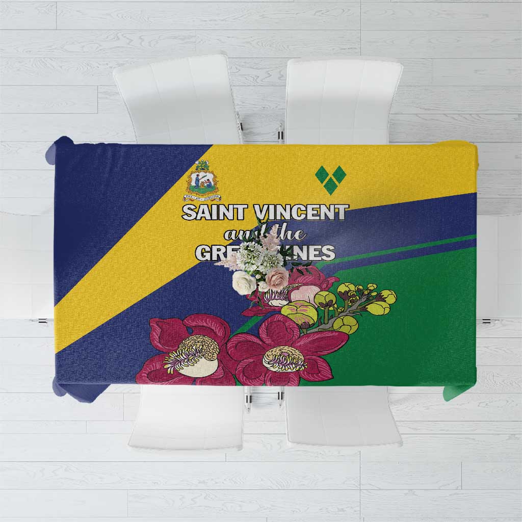 Tablecloth with green, yellow, and blue flag-style print and floral details