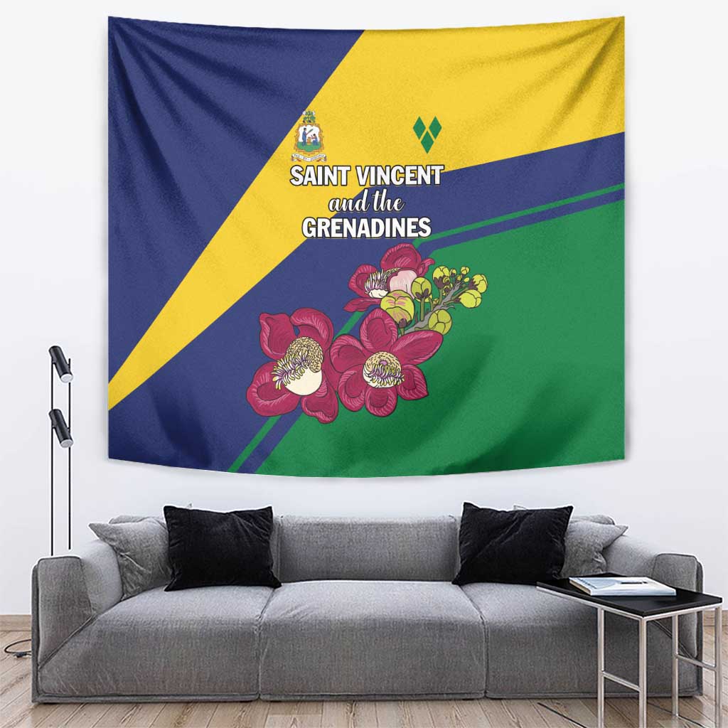 Saint Vincent and the Grenadines flag tapestry with blue, yellow, and green field plus pink flowers