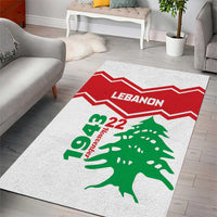 Lebanon Independence Day area rug, red zigzag border, 'LEBANON' and green cedar graphic