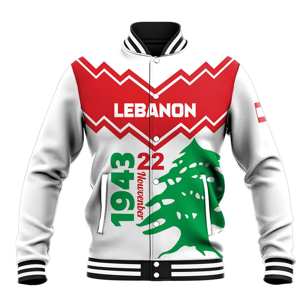 White baseball jacket with red zigzag, Lebanon graphic, green tree and snap trim