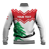 White baseball jacket back with red chevrons, large green cedrus graphic, ribbed cuffs