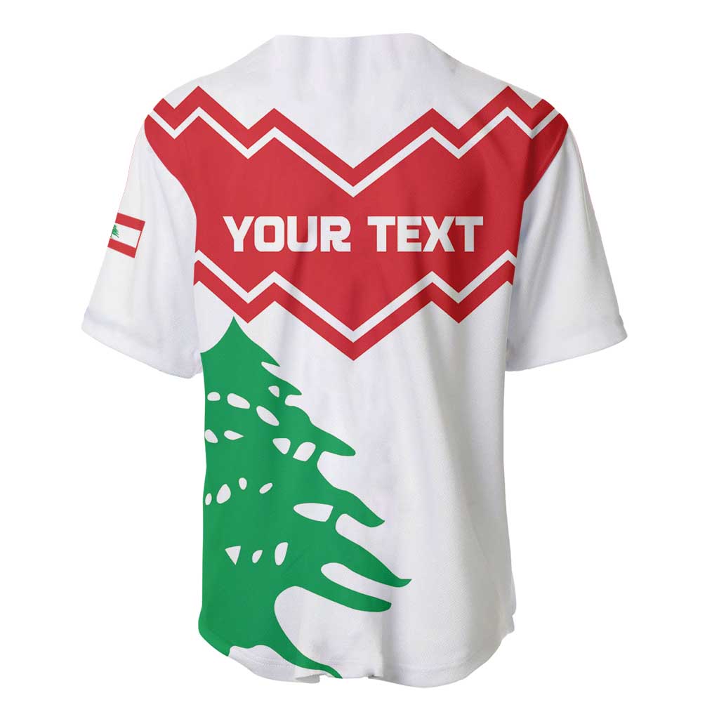 Personalized baseball jersey, white with red zigzag and green cedar, back 'YOUR TEXT'