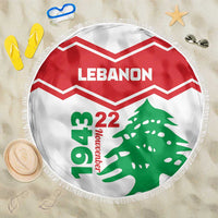 Lebanon round beach blanket with red chevrons, 'Lebanon' text, green cedar, fringe