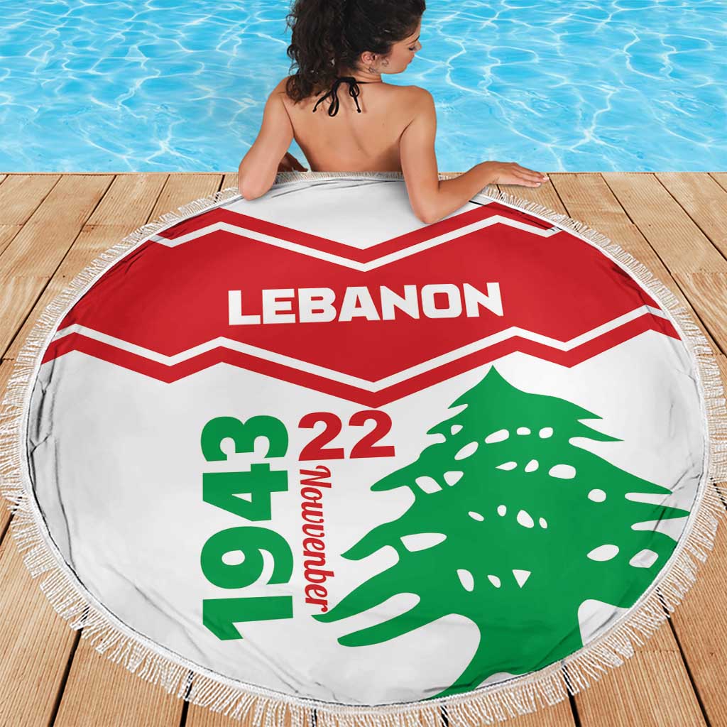 Lebanon round beach blanket with red chevrons, 'Lebanon' text, green cedar graphic