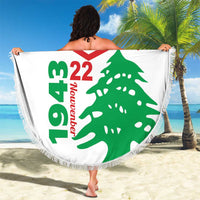Lebanon beach blanket with red chevrons, 'Lebanon' text, green cedar, tassel fringe