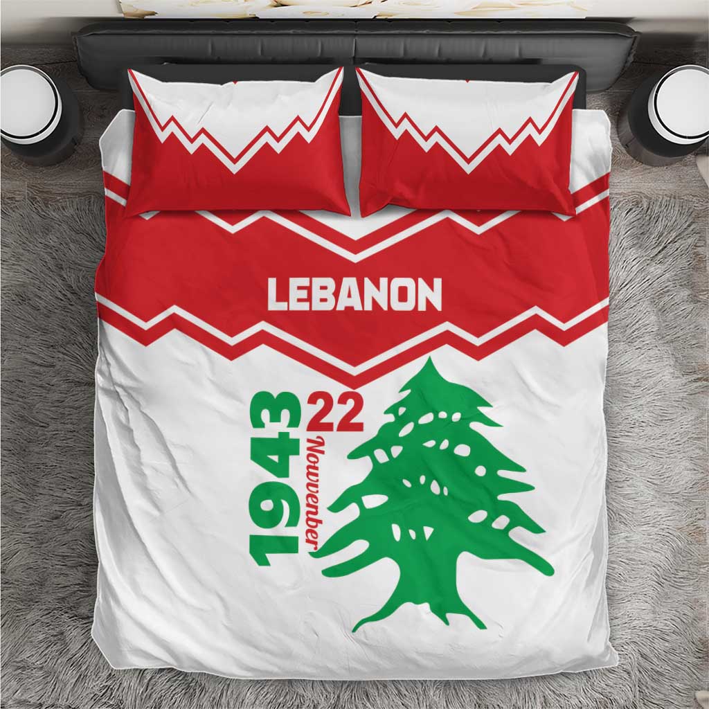 Red and white bedding set with zigzag pattern, LEbanon text, and green cedar tree graphic