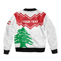 White unisex bomber jacket back with YOUR TEXT, red chevrons, green cedar, black ribs