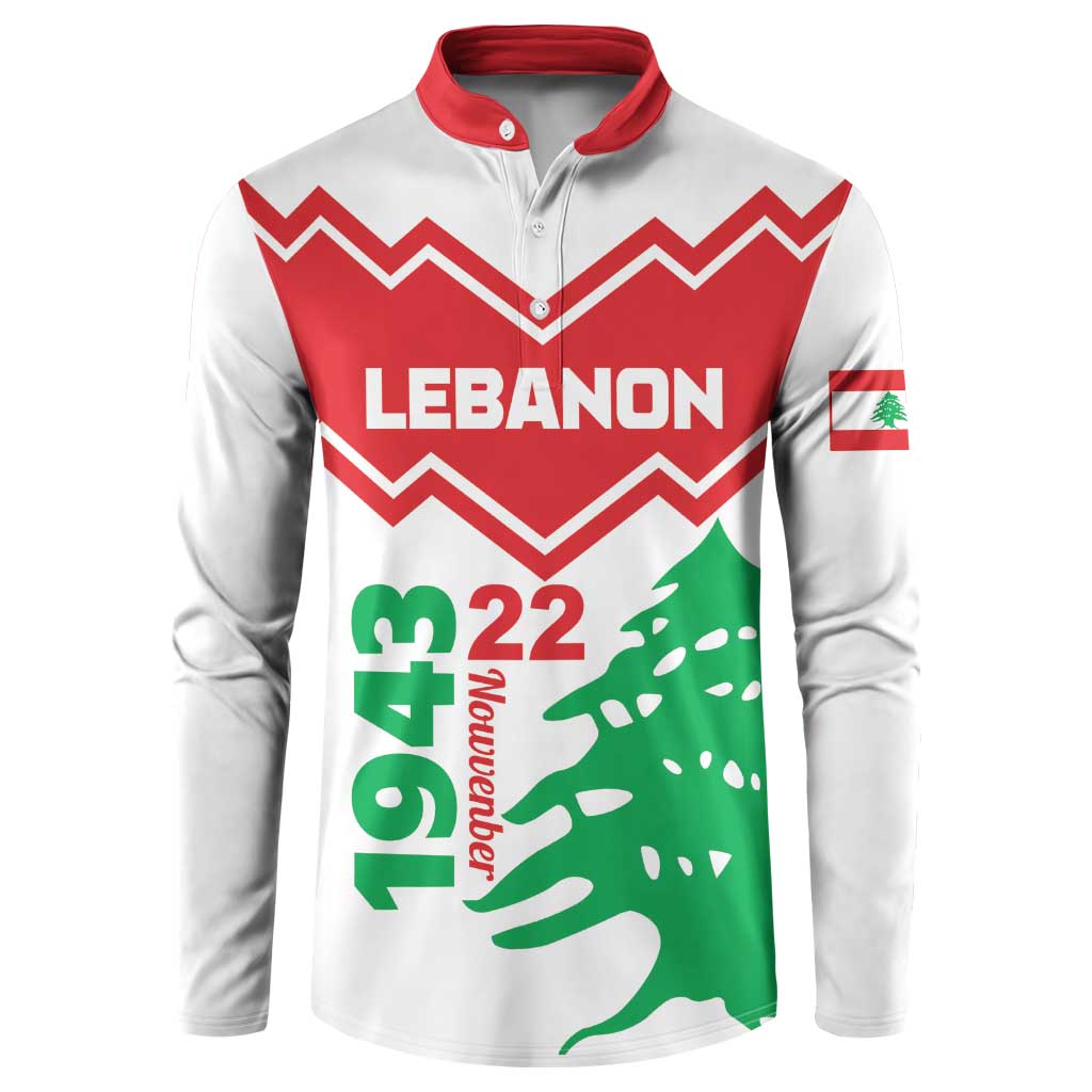 White button sweatshirt with red collar, Lebanon chevron graphic, green tree and 22 text