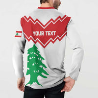 White button sweatshirt back on model, red chevrons and your text panel with green tree