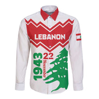 White long-sleeve button shirt with red chevron, green cedar graphic and Lebanon text
