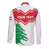 White long-sleeve button shirt back with red chevron, green cedar graphic and YOUR TEXT