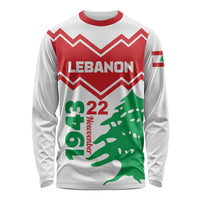 White long sleeve shirt with Lebanon graphic, red chevrons, green cedar, 22, flag sleeve