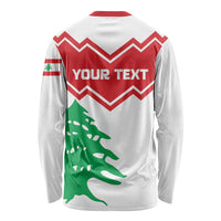 White long sleeve shirt with red chevron flag design and 'YOUR TEXT' on back
