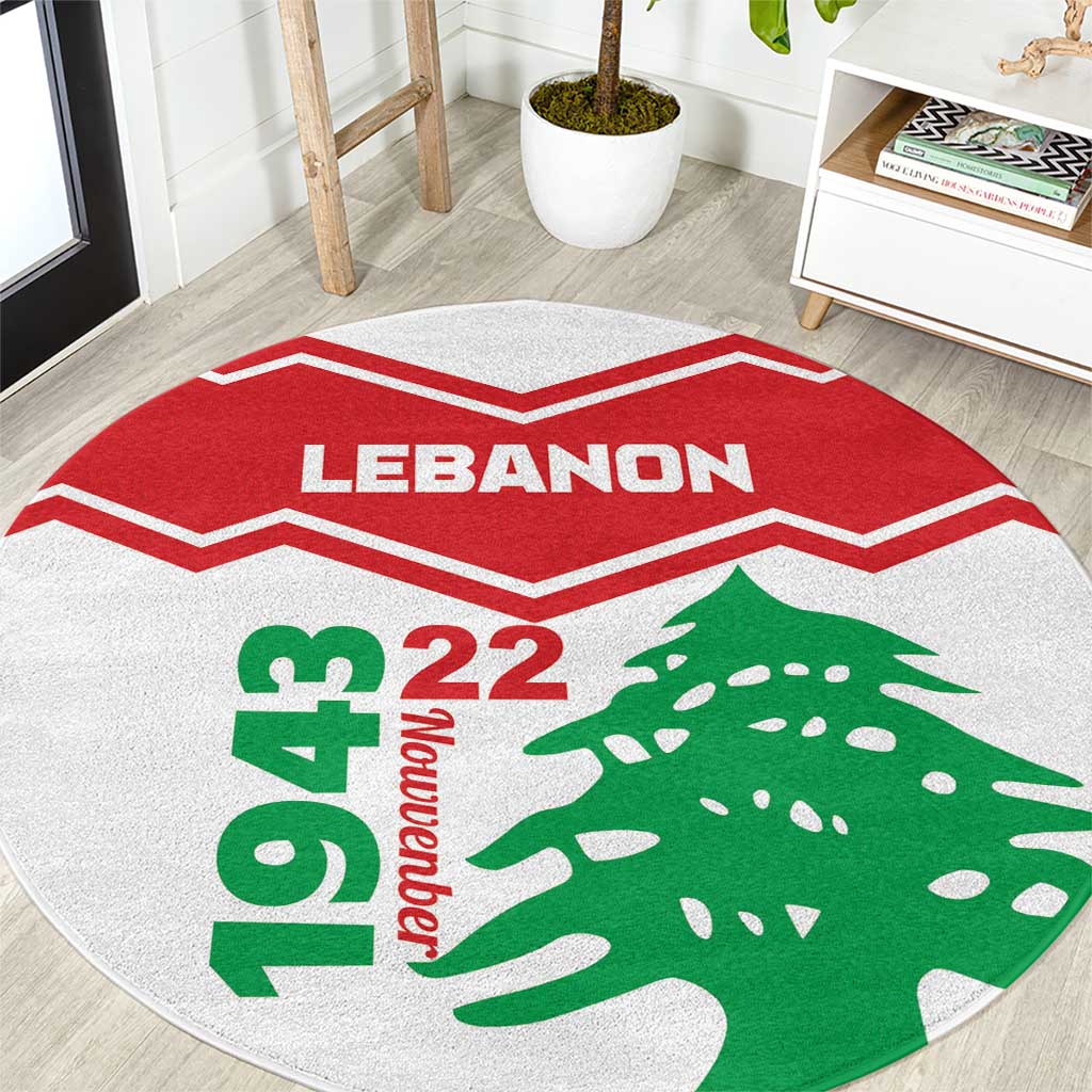 Round Lebanon-themed area rug with red, white, and green graphic and cedar tree