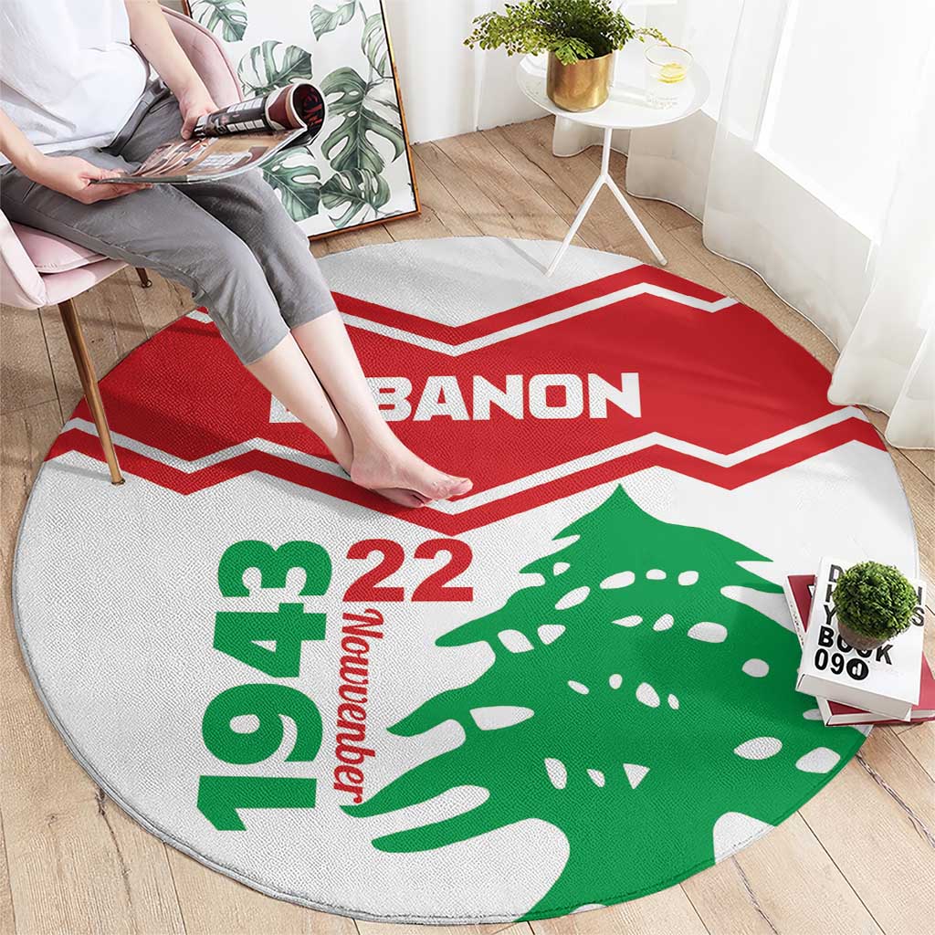 Round Lebanon-themed area rug with red-and-white chevron border and green cedar graphic