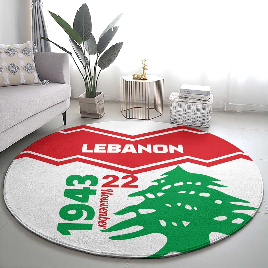 Round Lebanon-themed area rug with 'LEBANON' text, green cedar illustration, and red border