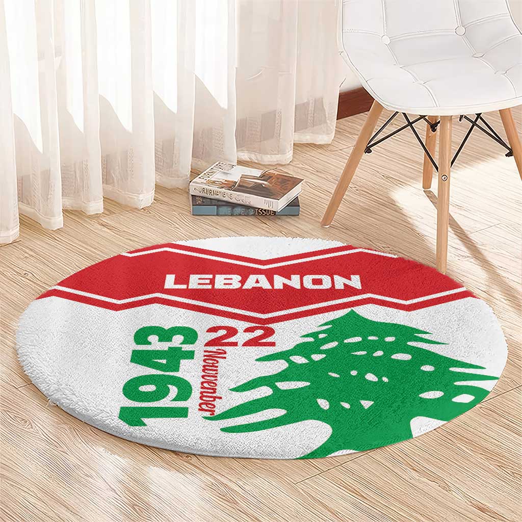 Round Lebanon-themed area rug with 'LEBANON' lettering, green cedar graphic, and red border