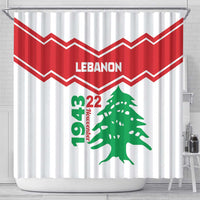 Lebanon shower curtain with red chevrons, green cedar tree graphic, and 'LEBANON' lettering