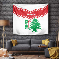 White tapestry with red chevron stripes, LEBANON text, green cedar tree and 1943 22