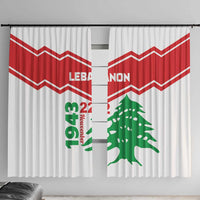 White window curtain with red zigzag stripes, green cedar tree, and Lebanon graphic