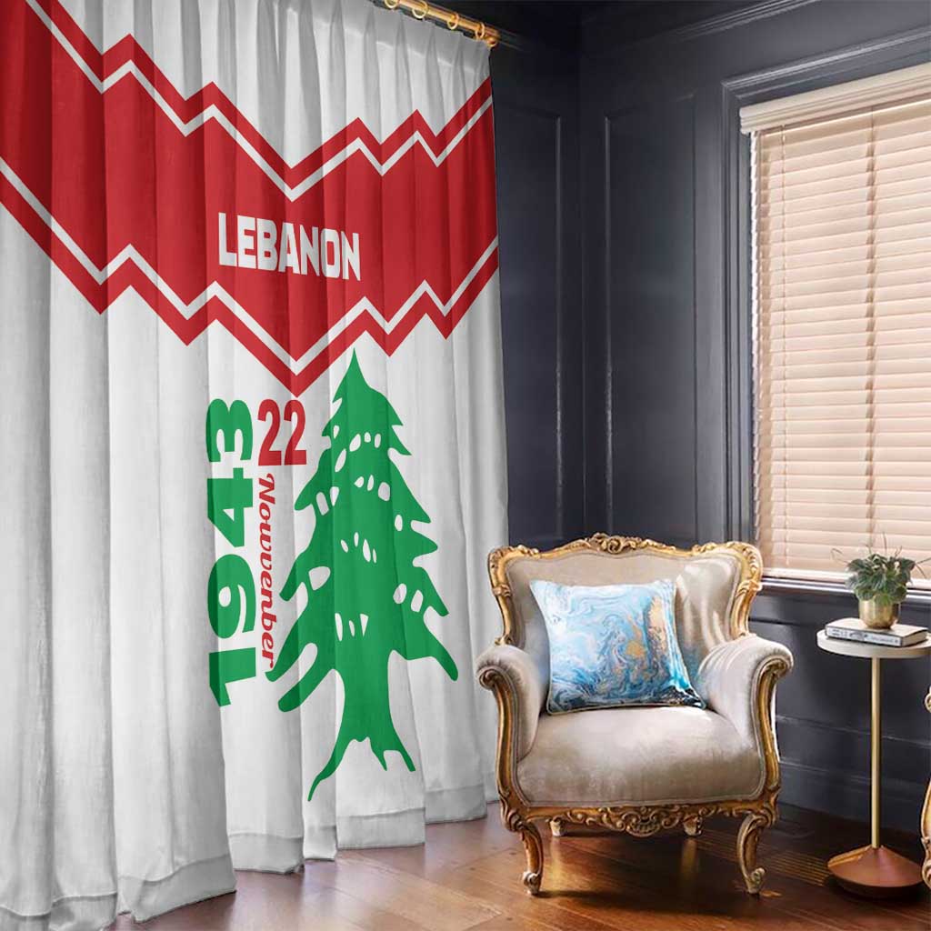 White curtain panel with red zigzag banner, Lebanon text, and green cedar tree print