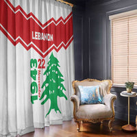 White curtain panel with red zigzag banner, Lebanon text, and green cedar tree print