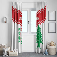 Pair of white window curtains with red zigzag borders and green cedar tree prints