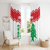 Hanging white curtains with red chevron tops and green cedar tree and Lebanon graphics
