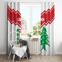White curtains with red zigzag panels and green cedar tree motif for windows