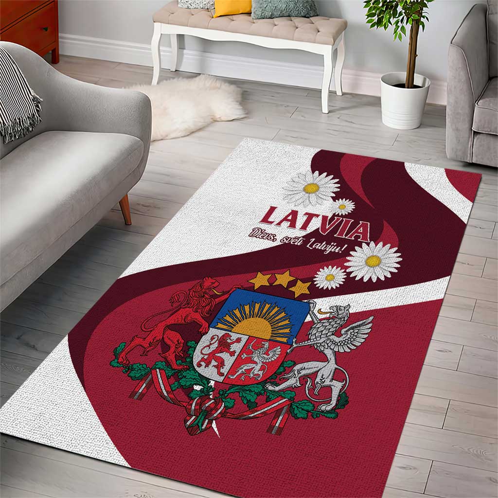 Red and white area rug with Latvia crest, eagle, and floral daisy accents