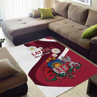 Red and white corner view area rug featuring Latvia text, crest, and daisies