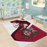 Red and white Latvia flag-style area rug with crest and daisy flowers