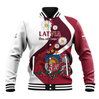Red and white baseball jacket with striped ribbed collar and Latvia crest graphic
