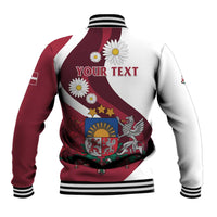 Red and white baseball jacket, back view, striped ribs and daisy crest with YOUR TEXT