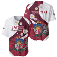 Personalized baseball jersey front and back in maroon and white with Latvia graphics