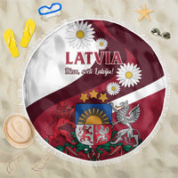 Round beach blanket with Latvia flag print, burgundy and white, 150cm diameter