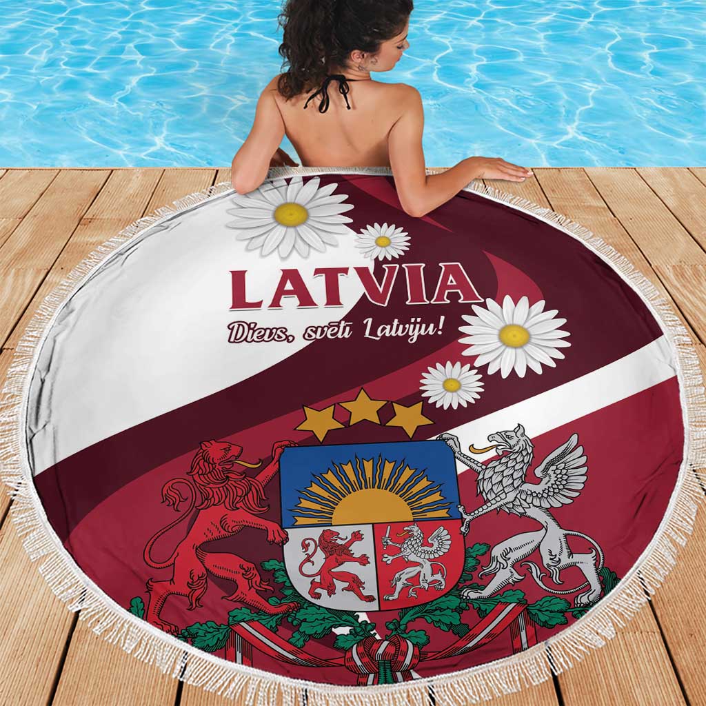 Round beach blanket with Latvia flag and daisy graphic, burgundy/white, fringed edge